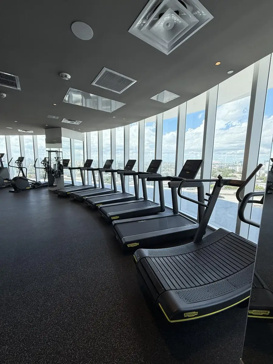 Gym with city views