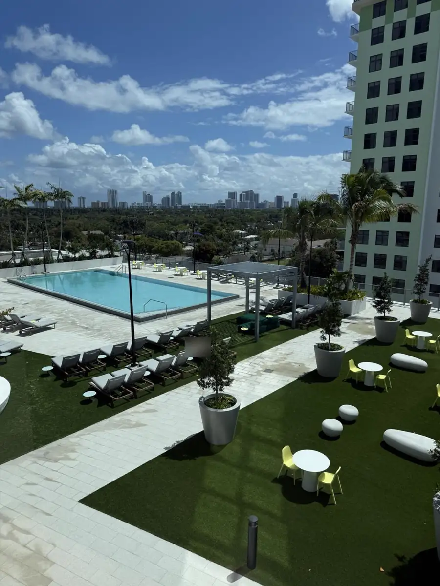 Pool deck with skyline views